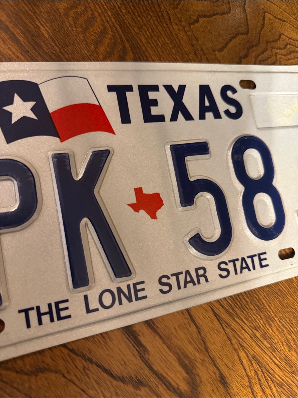 Texas Steel VTG License Plate "SPK-58J" - White & Navy with Red Detail - Picture 4 of 5